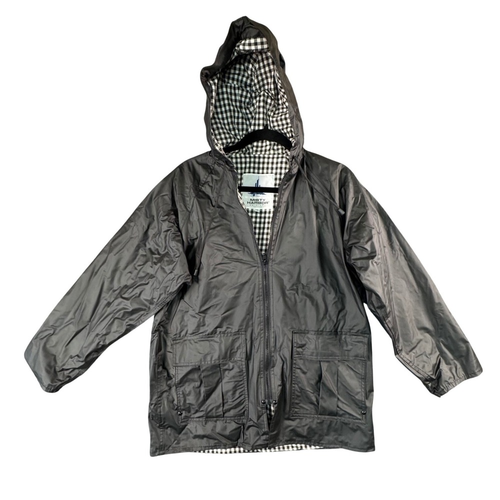 Misty Harbor Black Hooded Raincoat Gingham Lined‎ Normcore Classic Jacket S